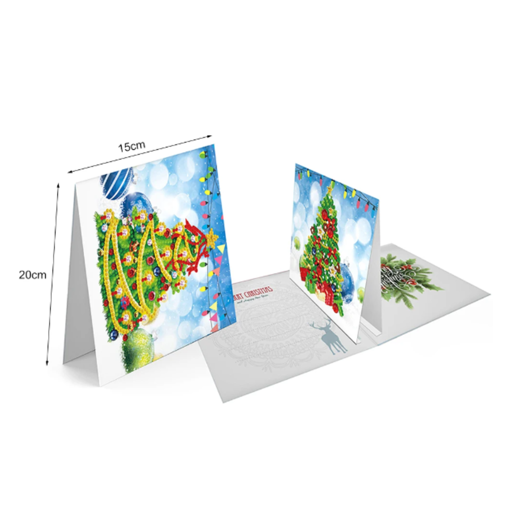 Kerstkaart 2 delen Kerstboom met slingers & Kerstboom met pakjes