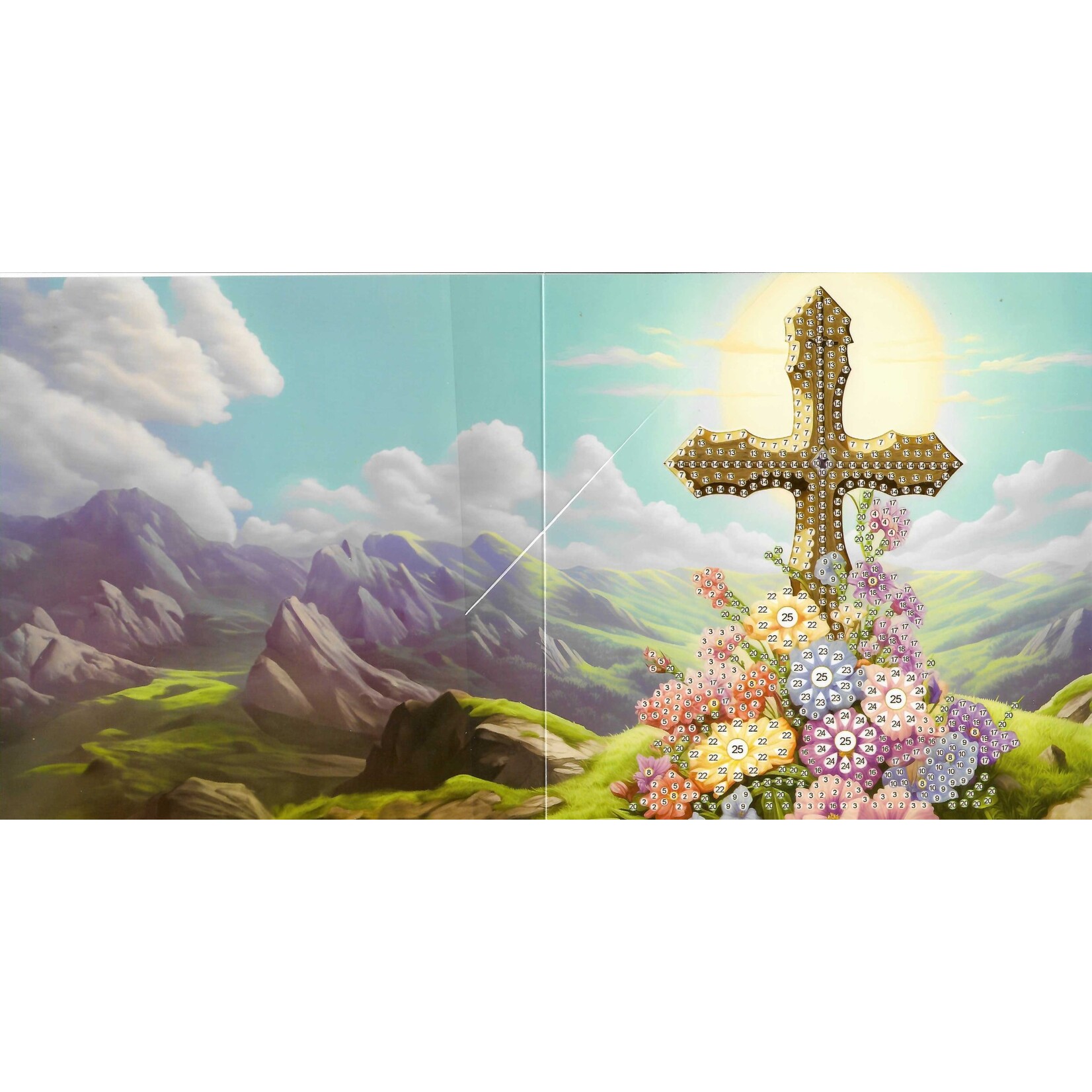 Wenskaart – Kruis 5 op een berg met bloemen