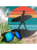 Bord met surfer op, op het strand