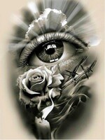 Oog met roos, kaars, prikkeldraad, wolken, zonneschijn