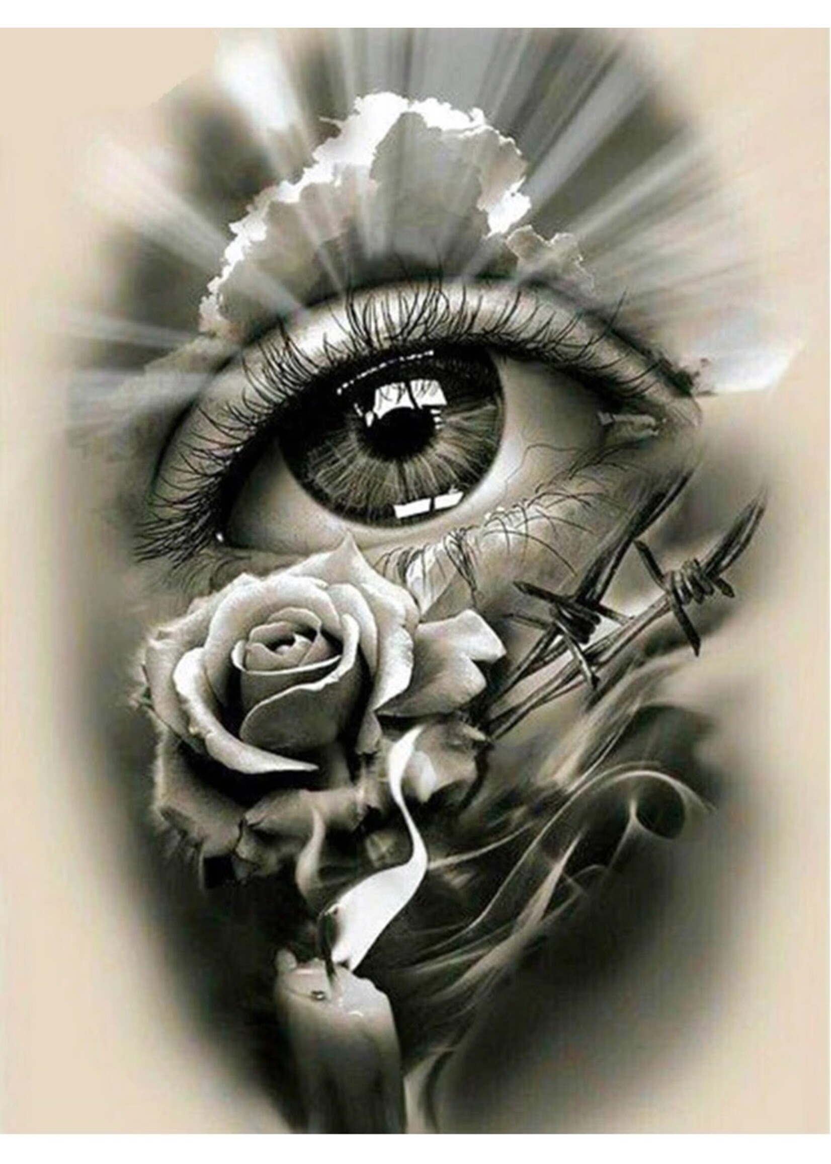 Oog met roos, kaars, prikkeldraad, wolken, zonneschijn