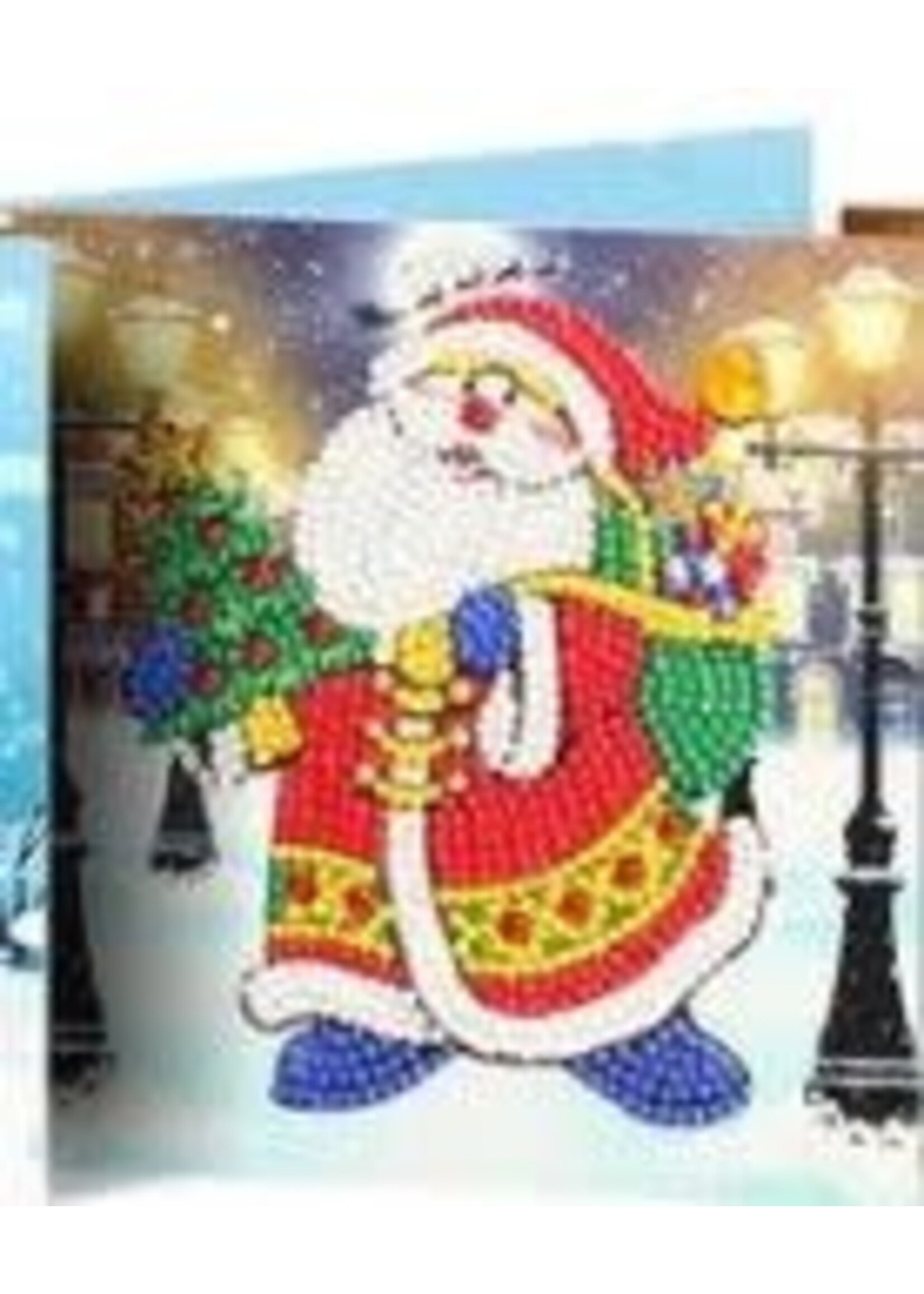 Kerstkaart – Kerstman met kerstboom en speelgoed in de sneeuw