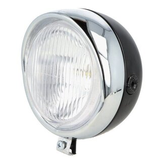 koplamp rond retro (made in EU) univ 130mm zwart/chroom
