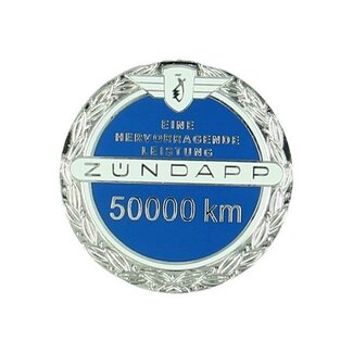 Zündapp  sticker zundapp logo 50.000 km Jubileum incl. speldje blauw