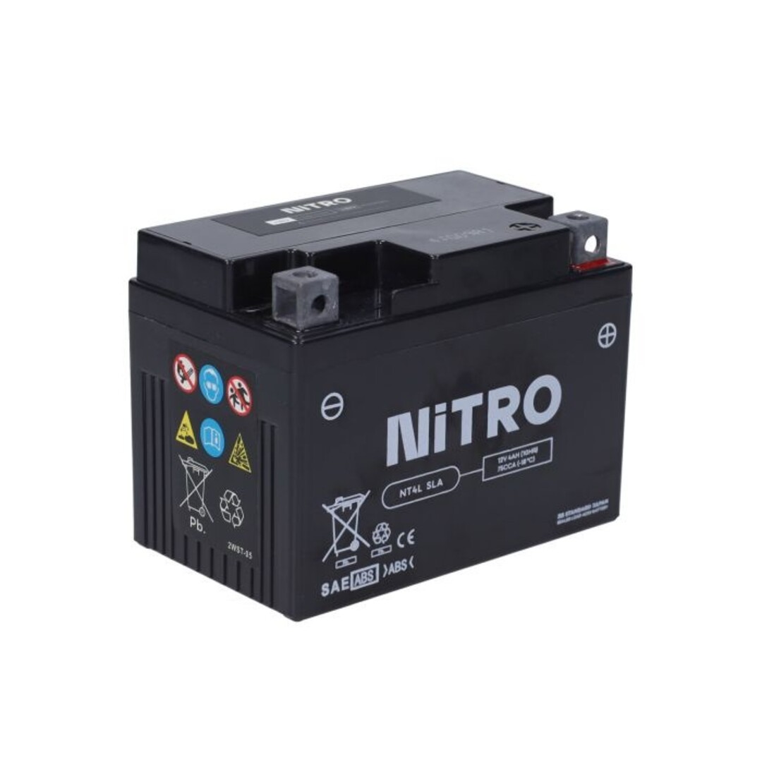 Onderhoudsvrije gel accu Nitro NT4L-BS/YT4L-BS – 12V 4Ah – 110x70x85mm – passend op o.a. Piaggio LC en andere 50cc 2T scooters