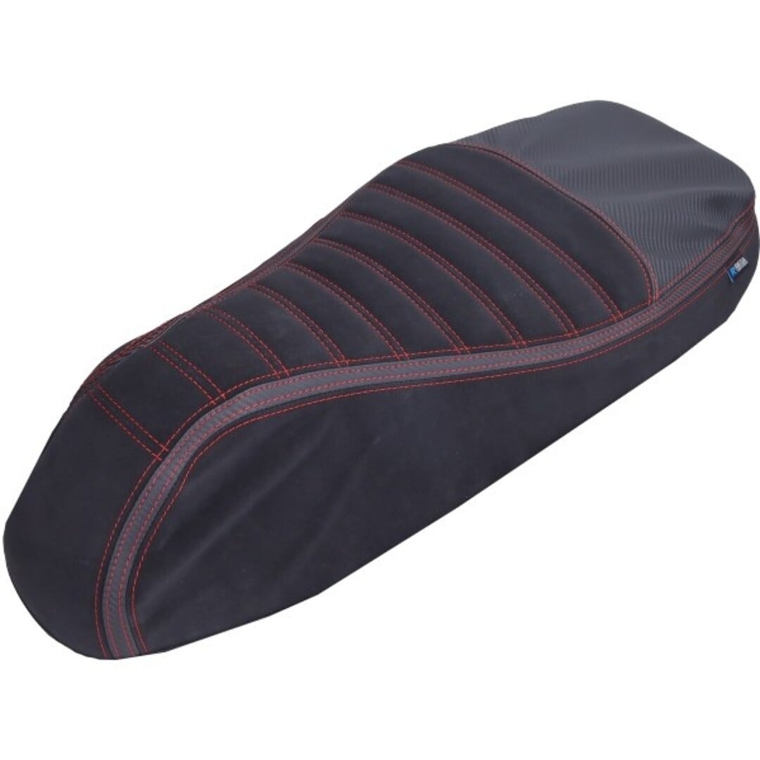 buddydek alcantara streep Sport (made in EU) Vespa zwart/rood >2024 past op gts 125cc, gts 250cc, gts 300 (euro4)