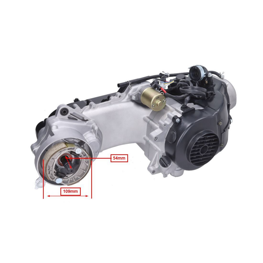 Motorblok compleet 10 inch korte as China retro/Torino/Sco GY6/V-Clic – 4-takt, enkele schokdemper, met cilinder, zonder carburateur – 35cm