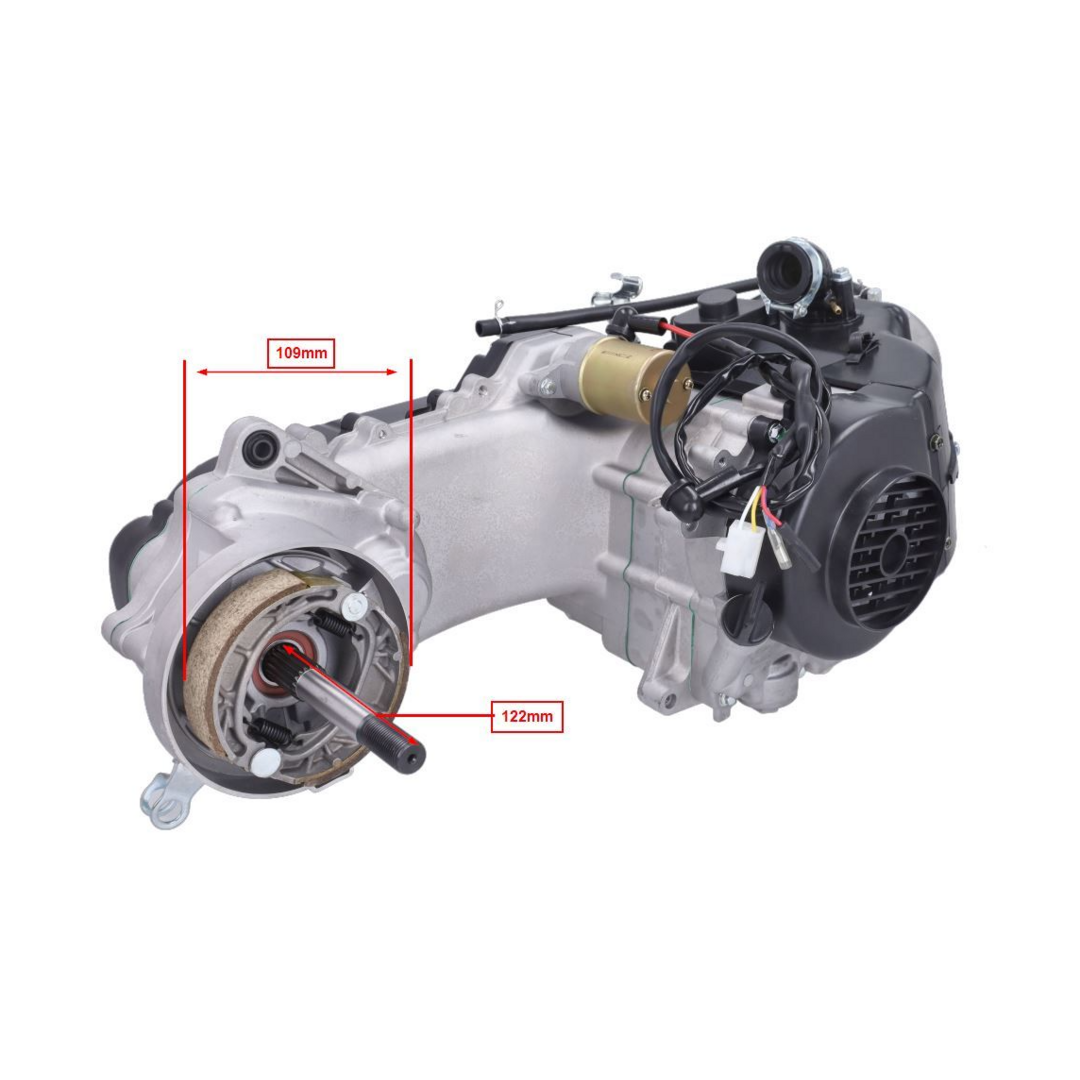 Motorblok compleet 10 inch lange as China LX model/Sco GY6/Sco China 4T – 4-takt, met dubbele schokdempers, zonder carburateur