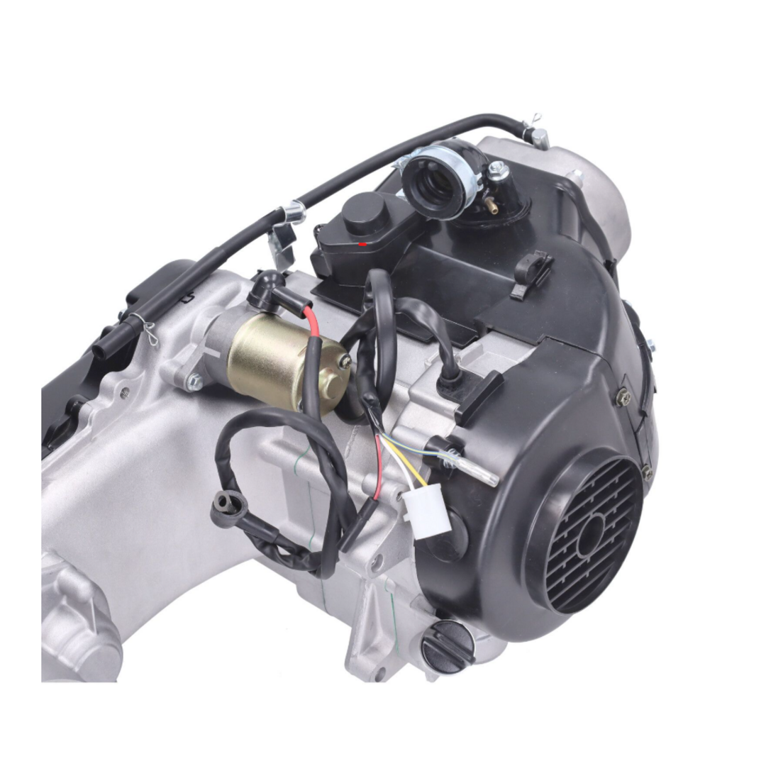 Motorblok compleet 12 inch lange as China 4T/Sco GY6 – 4-takt scooterblok zonder carburateur, met lange as en dubbele schokdemperaansluiting