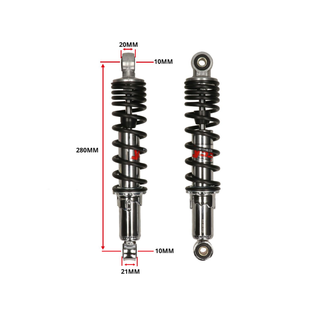Tomos YSS hydraulische schokbrekerset 280mm chroom/zwart RD220-280P-18 voor Puch Maxi, Tomos en Honda Camino