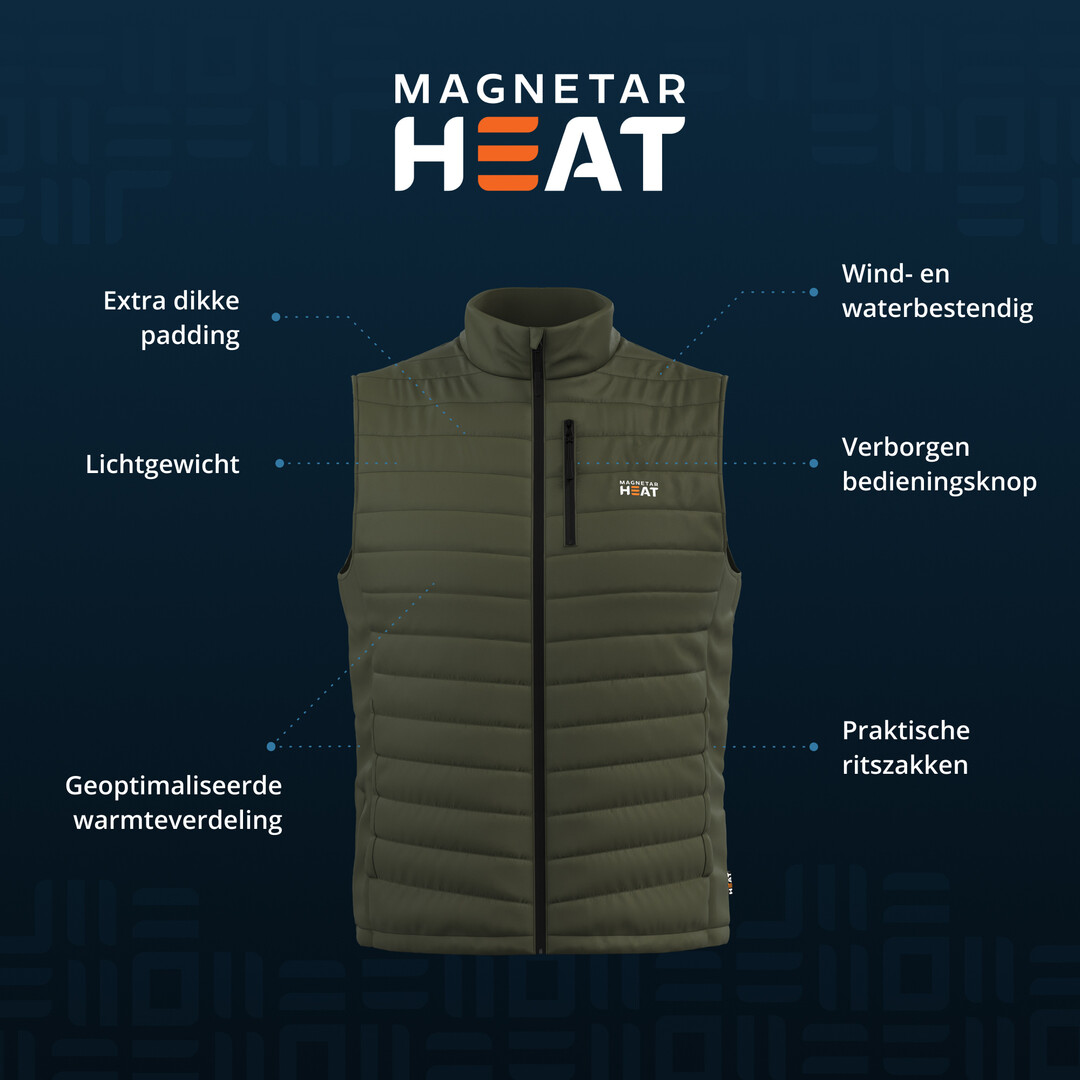 Magnetar Heat® LAVA™ verwarmde bodywarmer heren – groen – met 13.000mAh powerbank – borst & rug verwarming