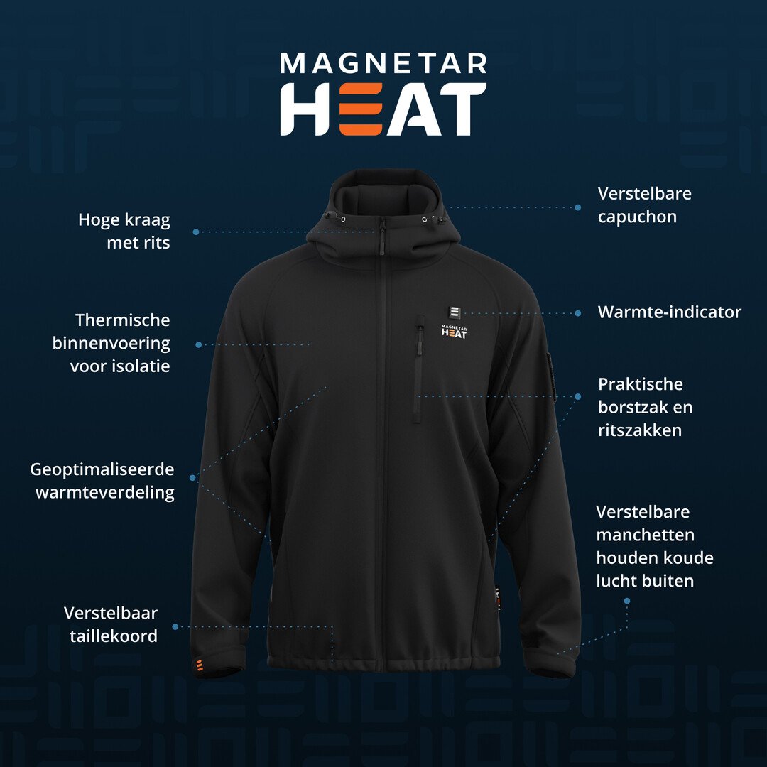 VULCAN™ verwarmde softshell jas heren – zwart – met 13.000mAh powerbank – water- en winddicht – borst & rug verwarming