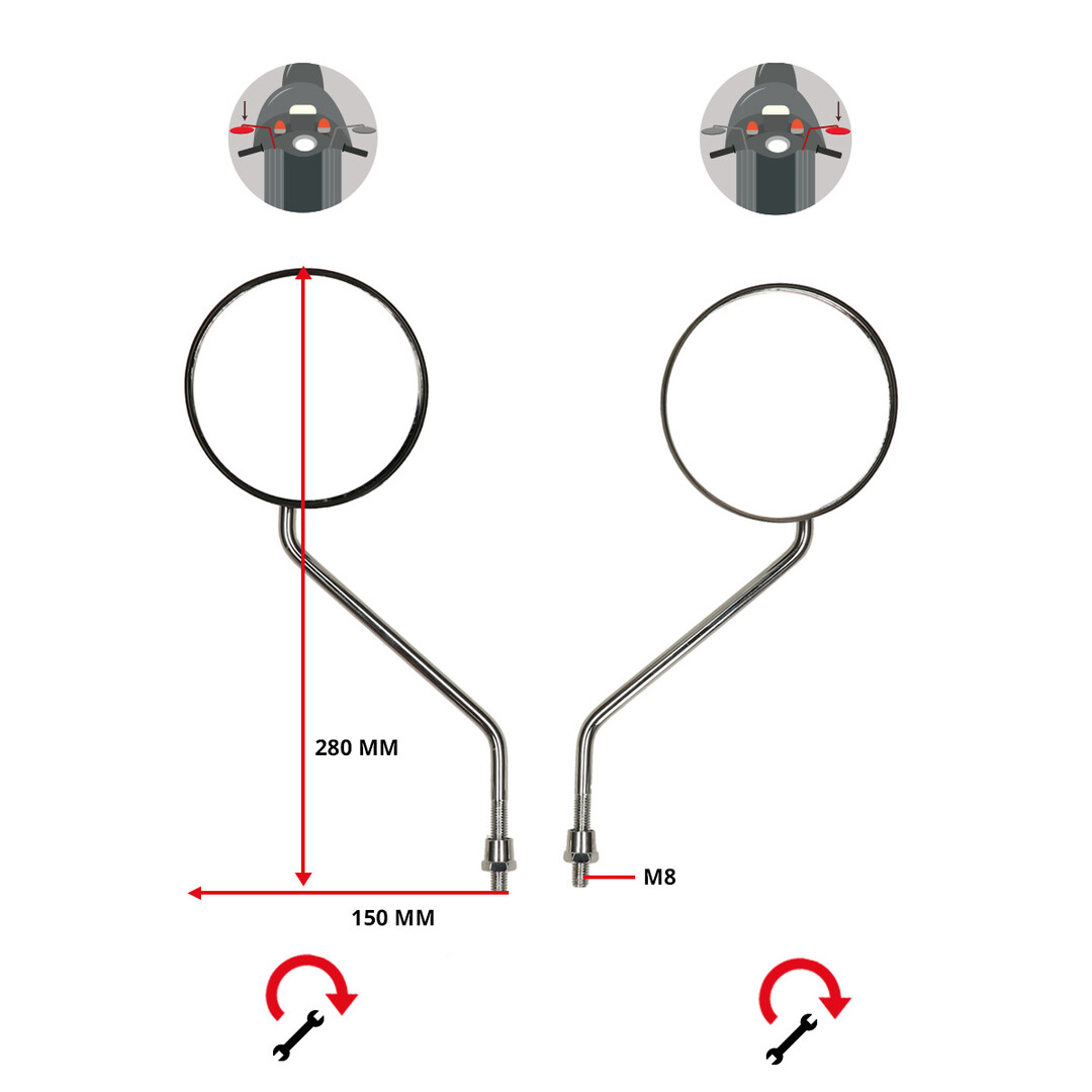 DMP spiegelset rond chroom/zwart met M8 klembevestiging – universeel voor scooters