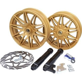 Piaggio Zip wielset Fast Arrow Pro 11 en 12 inch wiel + oversized remschijfset goud piaggio, zip 2t , zip 4t, zip2000