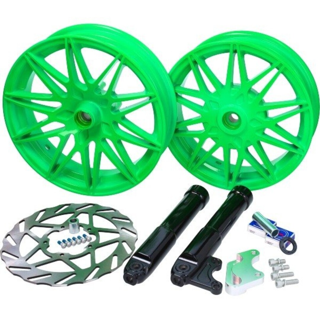 wielset Fast Arrow Pro 11 en 12 inch wiel + oversized remschijfset groen piaggio, zip 2t , zip 4t, zip2000