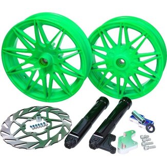 Piaggio Zip wielset Fast Arrow Pro 11 en 12 inch wiel + oversized remschijfset groen piaggio, zip 2t , zip 4t, zip2000
