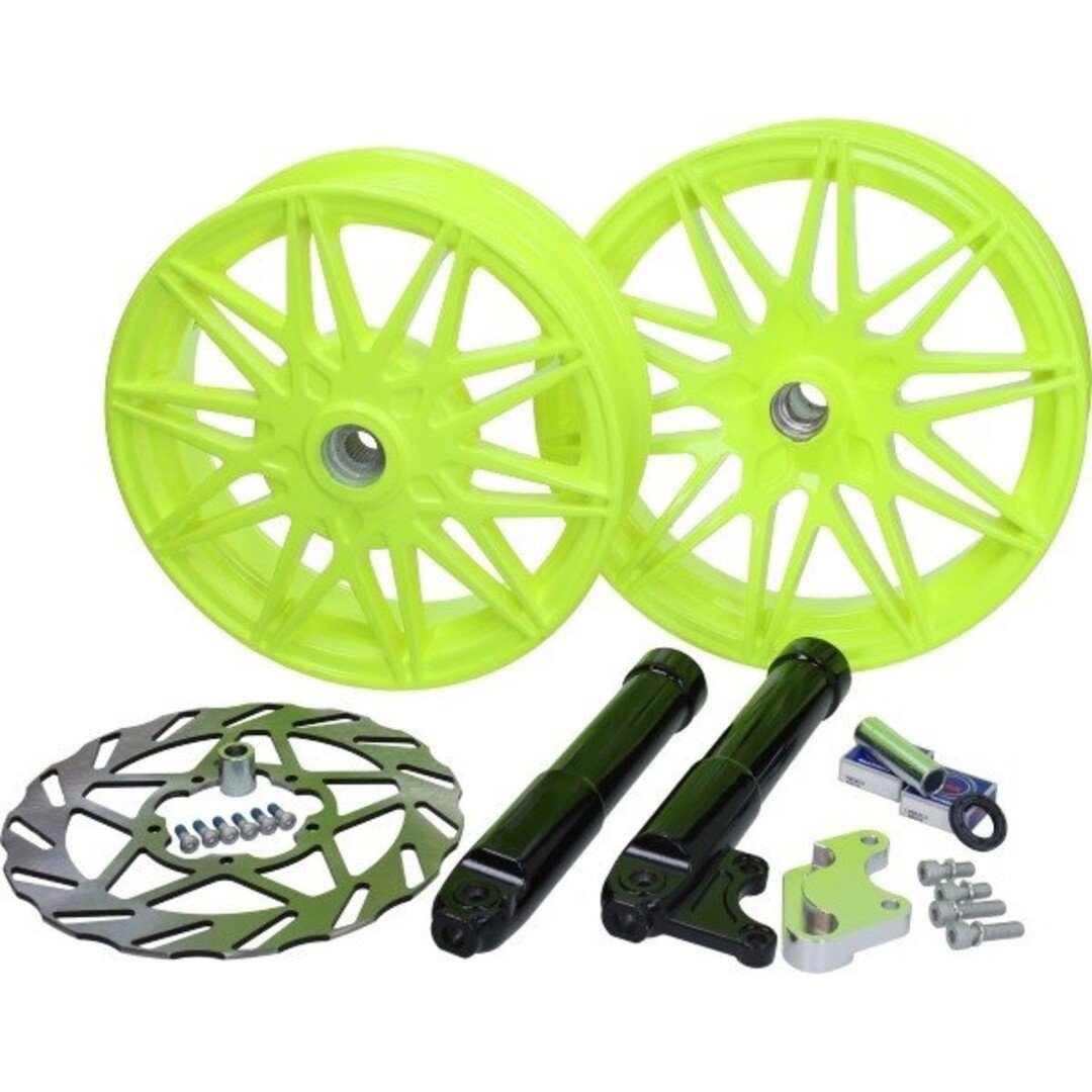 wielset Fast Arrow Pro 11 en 12 inch wiel + oversized remschijfset geel fluor piaggio, zip 2t , zip 4t, zip2000
