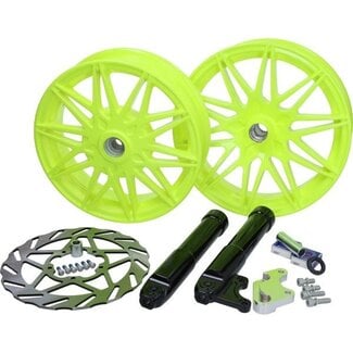 wielset Fast Arrow Pro 11 en 12 inch wiel + oversized remschijfset geel fluor piaggio, zip 2t , zip 4t, zip2000