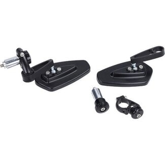 spiegelset DMP stuurbevestiging ovaal bar end glas blauw zwart glans scooter, univ, gts alle mod.