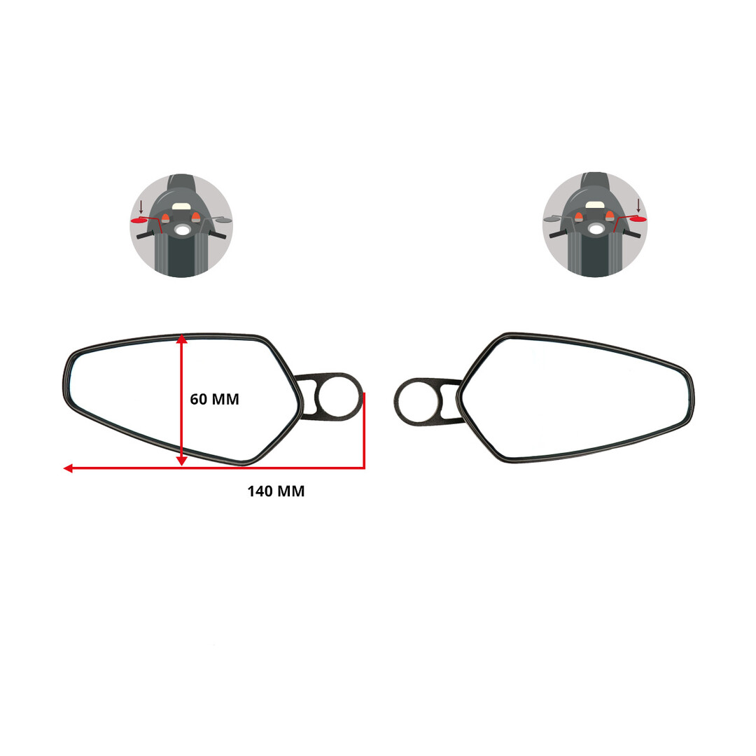 Piaggio DMP spiegelset ovaal bar-end stuurbevestiging zwart glans met wit meekleurend glas geschikt voor scooter en motor