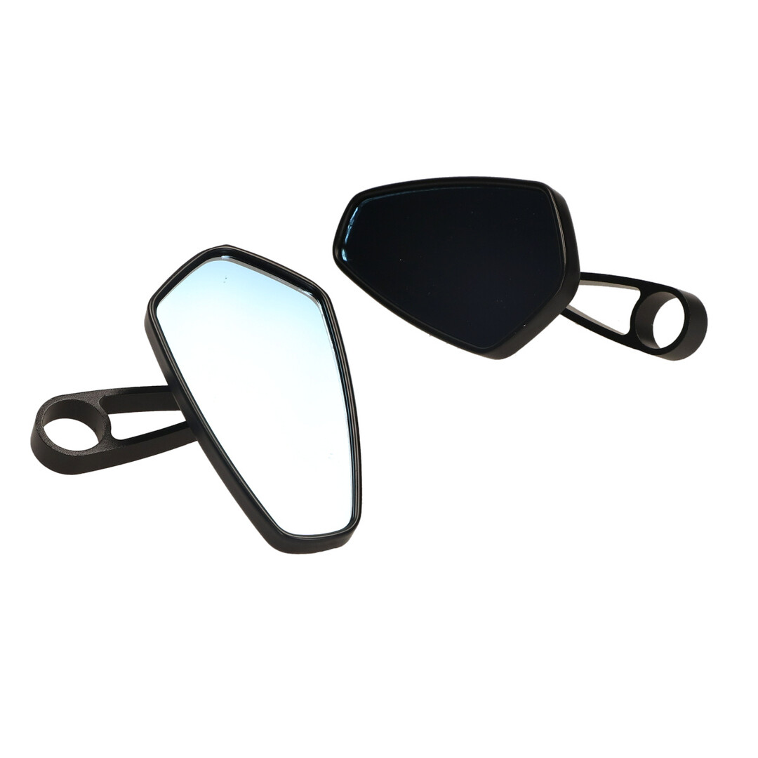Piaggio DMP spiegelset ovaal bar-end stuurbevestiging zwart glans met wit meekleurend glas geschikt voor scooter en motor