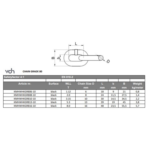 VDH VDH Hijsketting - Grade 80  - Ø 16 mm - 1 meter - 8 ton