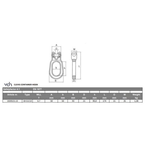 VDH VDH Containerhaak - Grade 100 - 6,7 ton - lengte 13 mm