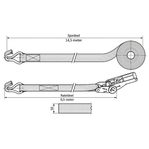 SafetyLoad Spanband 5 ton - 15 meter - 50 mm - ergo ratel - 2-delig met spitshaken