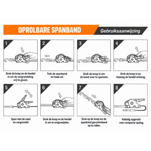 Automatisch oprolbare spanband - 1,8 meter - 25 mm - 600 kg SafetyLoad Automatisch oprolbare spanband - 1,8 meter - 25 mm - 600 kg
