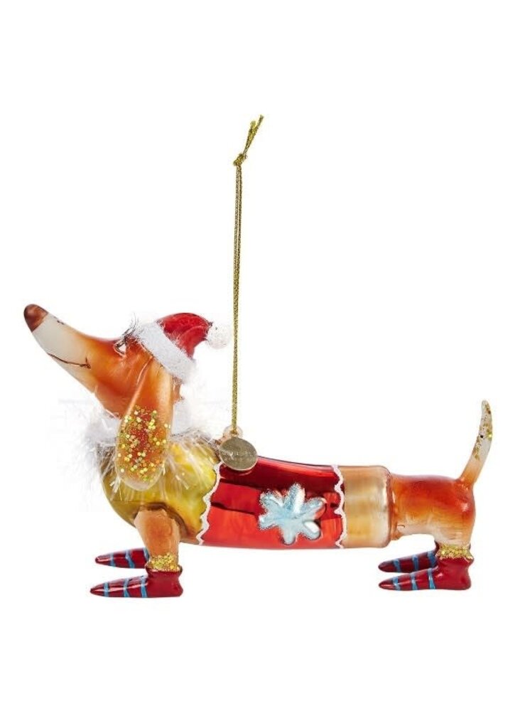 Vondels Ornament glass dachshund with christmas hat brown