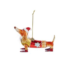 Vondels Ornament glass dachshund with christmas hat brown