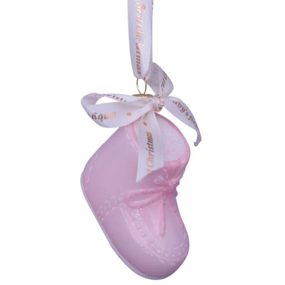 Vondels Ornament glass pink baby's first Christmas shoe