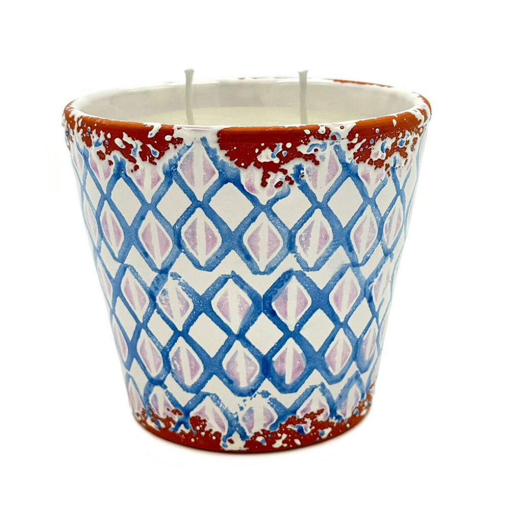 Wax Design Kaars Vela Rombos 14x12,5cm - Blauw/Wilde Bloemen