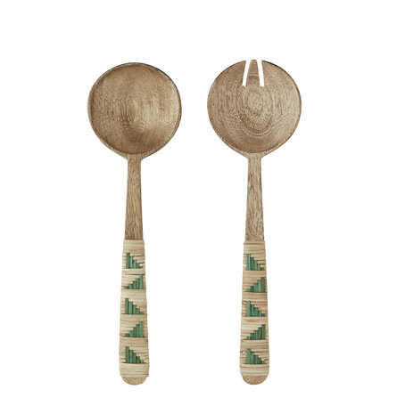 Madam Stoltz Wooden salad set w/ cane - Natural, green Madam Stoltz Wooden salad set w/ cane - Natural, green