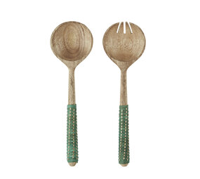 Madam Stoltz Wooden salad set w/ cane - Natural, green Madam Stoltz Wooden salad set w/ cane - Natural, green