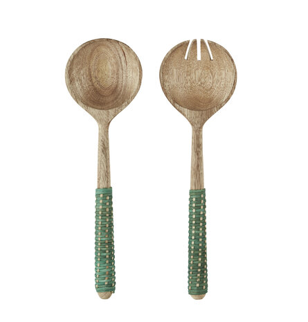 Madam Stoltz Wooden salad set w/ cane - Natural, green Madam Stoltz Wooden salad set w/ cane - Natural, green