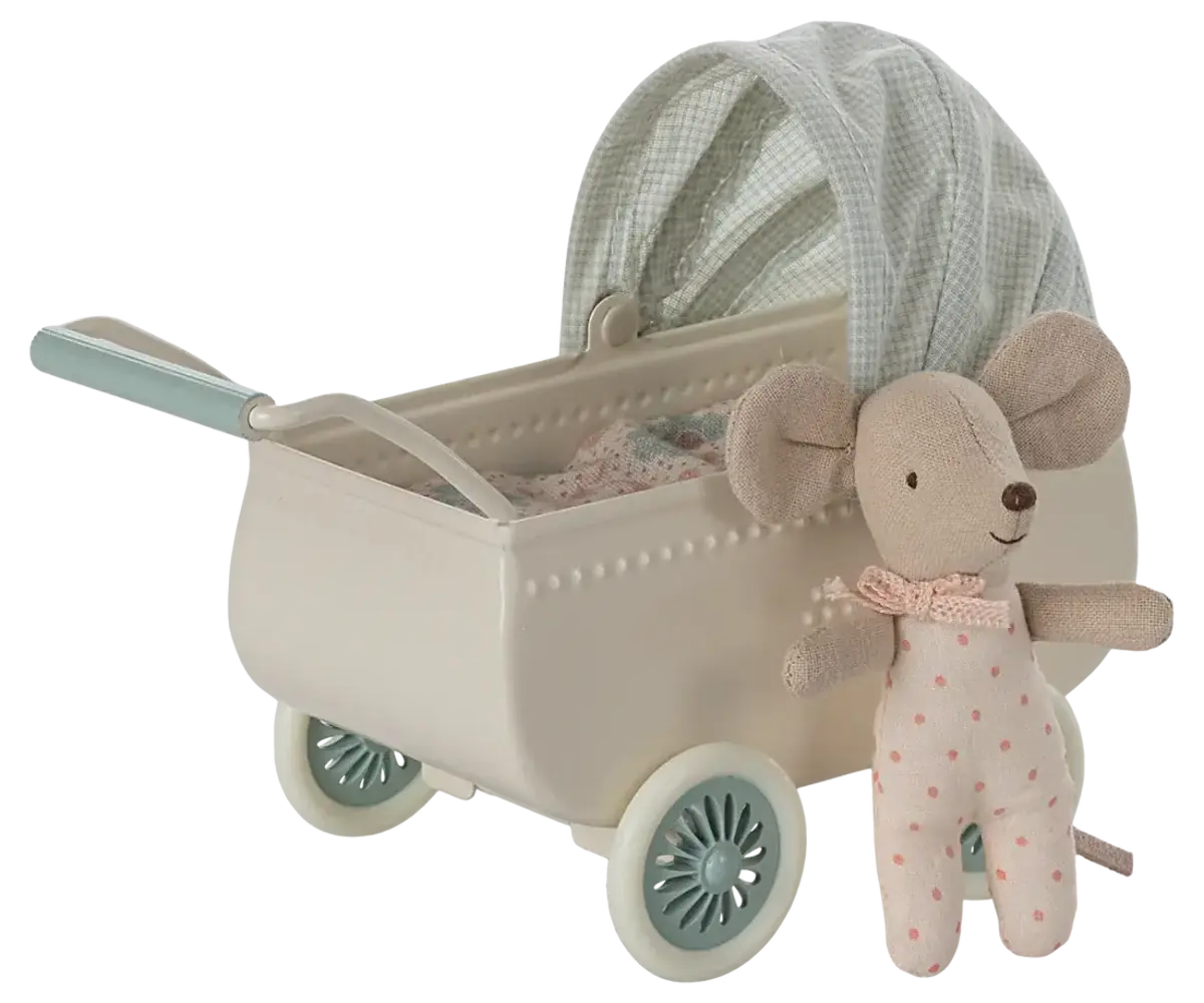 Maileg Pram with Baby Mouse - Mint Maileg Pram with Baby Mouse - Mint