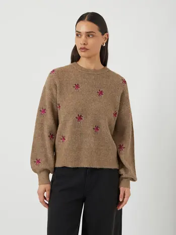 Y.A.S Fleur LS Knit Pullover – Taupe Gray Pimo Flower Y.A.S Fleur LS Knit Pullover – Taupe Gray Pimo Flower