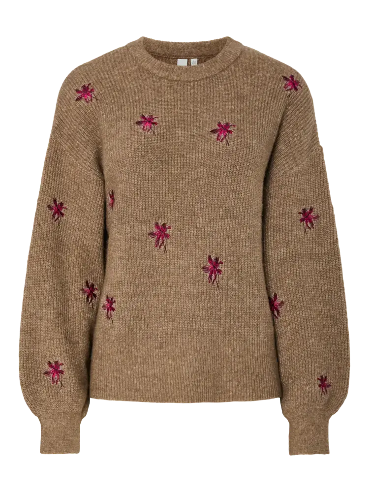 Y.A.S Fleur LS Knit Pullover – Taupe Gray Pimo Flower Y.A.S Fleur LS Knit Pullover – Taupe Gray Pimo Flower