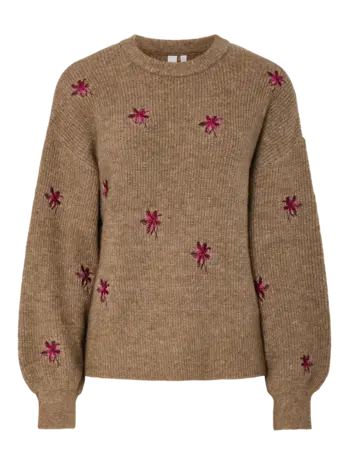 Y.A.S Fleur LS Knit Pullover – Taupe Gray Pimo Flower Y.A.S Fleur LS Knit Pullover – Taupe Gray Pimo Flower