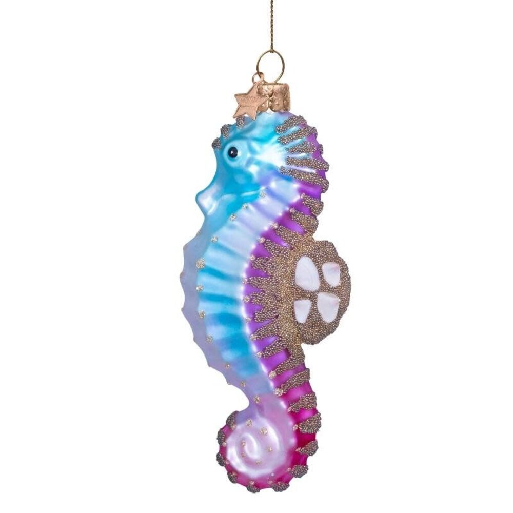 Vondels Ornament glass blue/gold seahorse w/shells