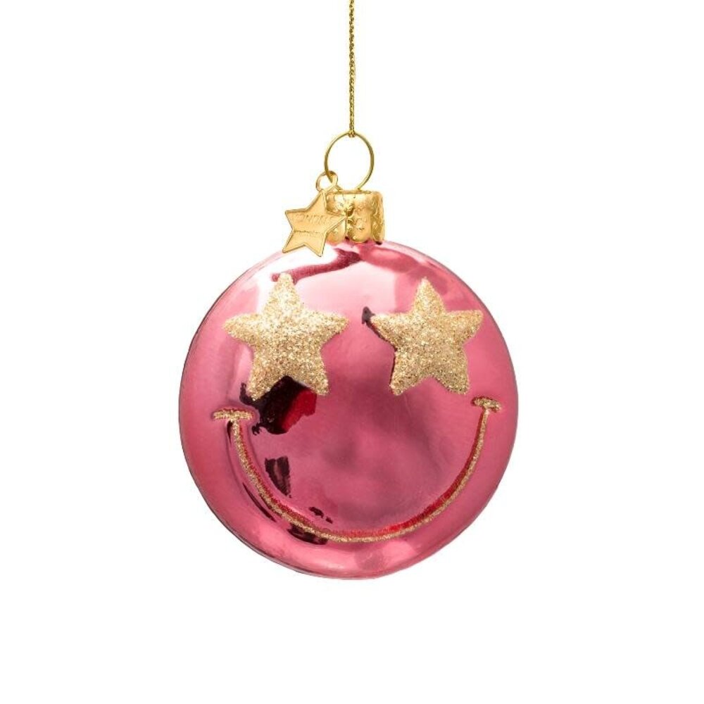 Vondels Ornament rose pink smiley w/ star eyes