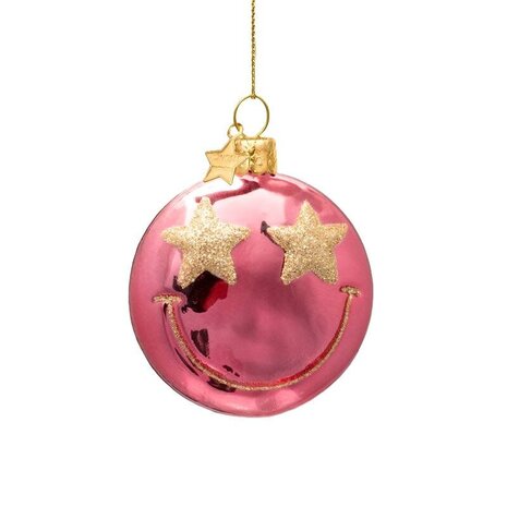 Vondels Ornament rose pink smiley w/ star eyes