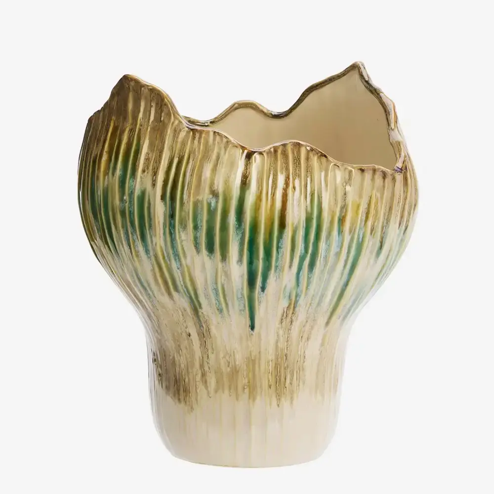 Madam Stoltz Stoneware vase - Beige, green, mustard -25x29 cm