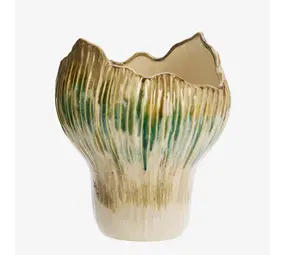 Madam Stoltz Stoneware vase - Beige, green, mustard -25x29 cm