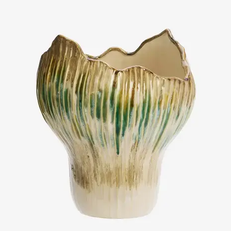 Madam Stoltz Stoneware vase - Beige, green, mustard -25x29 cm