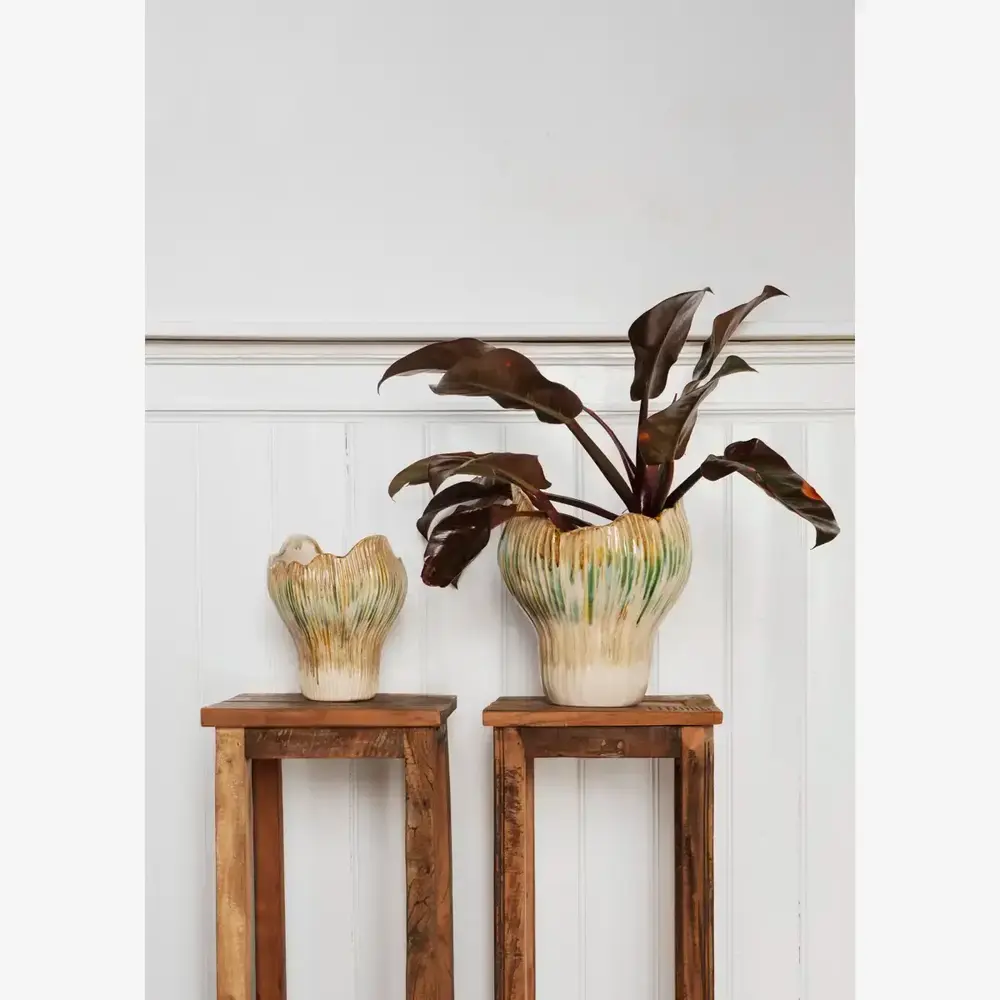 Madam Stoltz Stoneware vase - Beige, green, mustard -25x29 cm