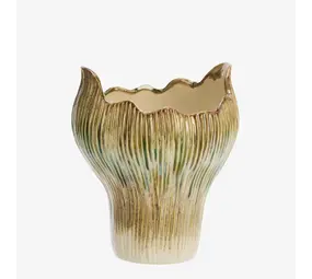 Madam Stoltz Stoneware vase - Beige, green, mustard -19x22