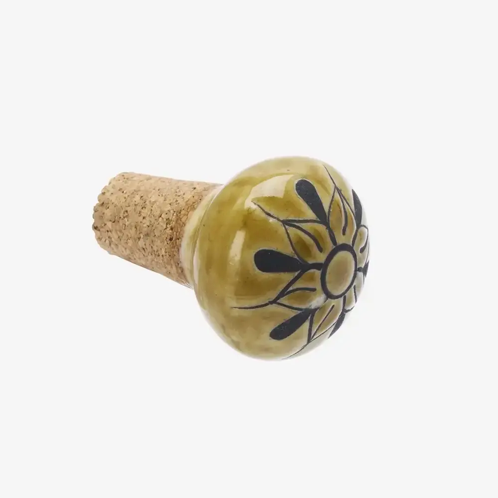 Madam Stoltz Hand-painted stoneware bottle stopper - Mustard, charcoal Madam Stoltz Hand-painted stoneware bottle stopper - Mustard, charcoal