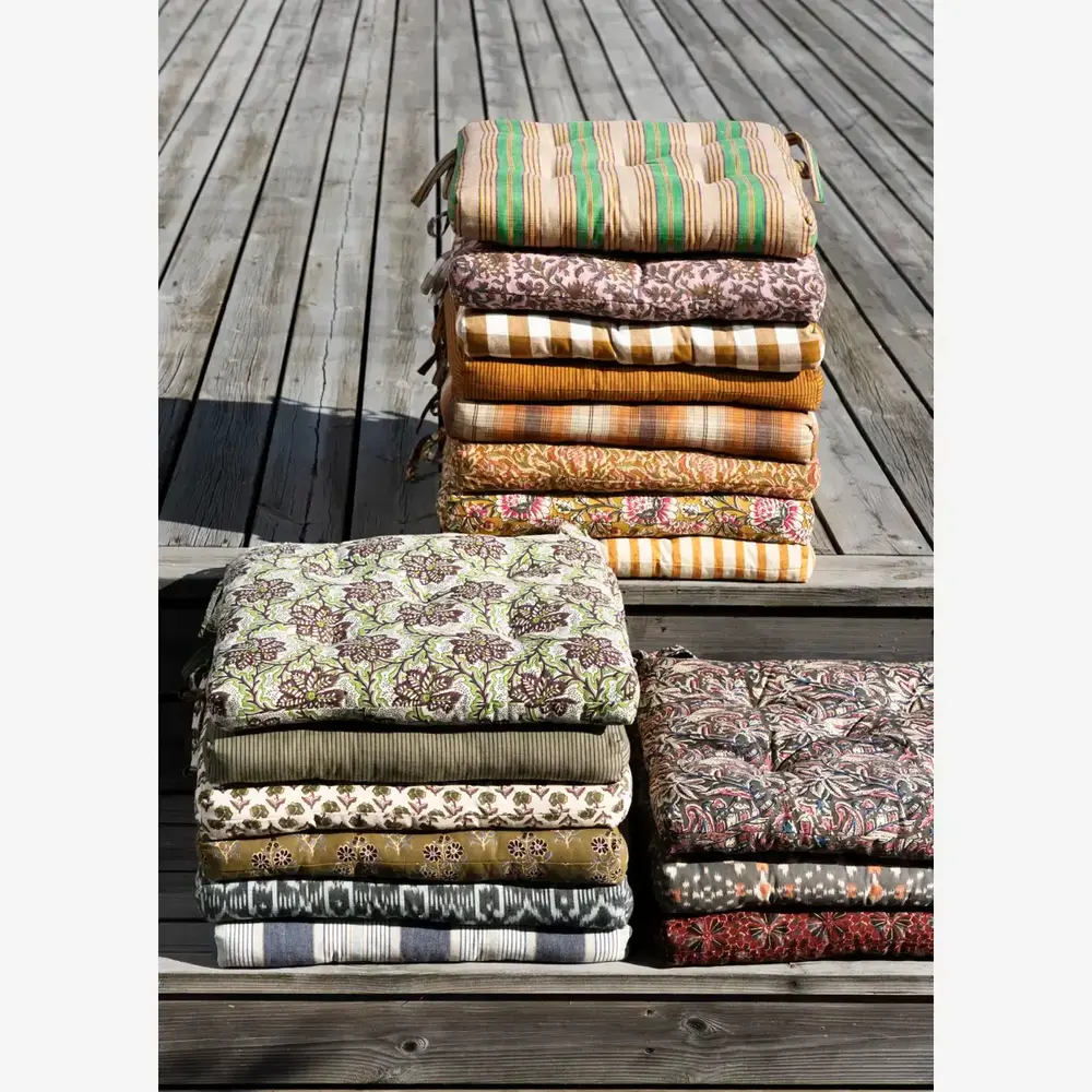 Madam Stoltz Printed cotton chair pad - Grey, sand, old rose, dusty blue Madam Stoltz Printed cotton chair pad - Grey, sand, old rose, dusty blue